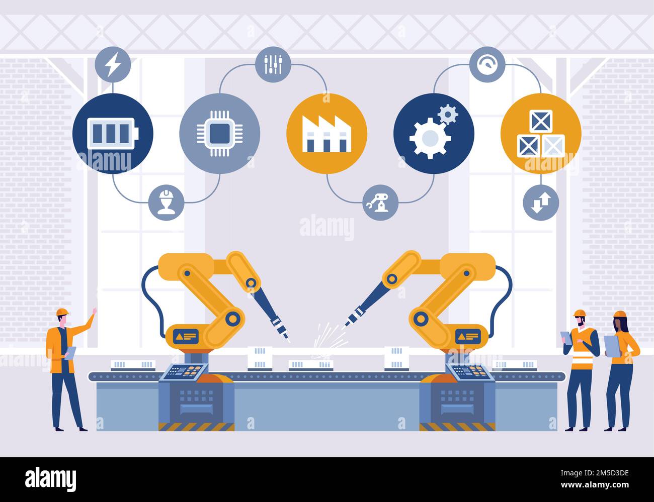 Robot Arms machine in fabbrica intelligente industriale su software di sistema di monitoraggio. Linea di produzione con lavoratori, automazione e interfaccia utente concep Illustrazione Vettoriale