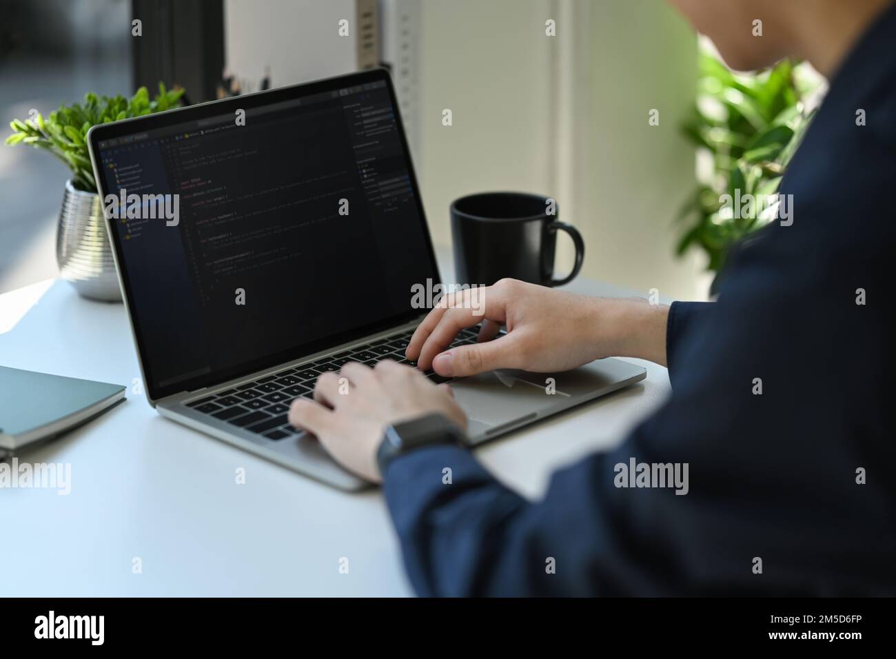 Immagine ritagliata dello sviluppatore IT che digita sul laptop con il codice di programmazione sullo schermo del computer Foto Stock