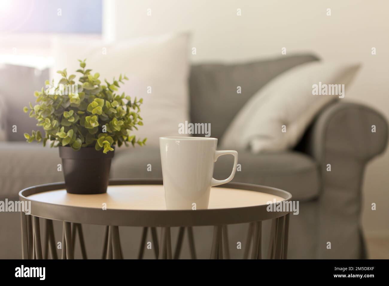 tazza di tè caldo. tazza bianca sul tavolo vicino all'accogliente divano grigio. cuscini e coperta. Home relax Lifestyle Foto Stock