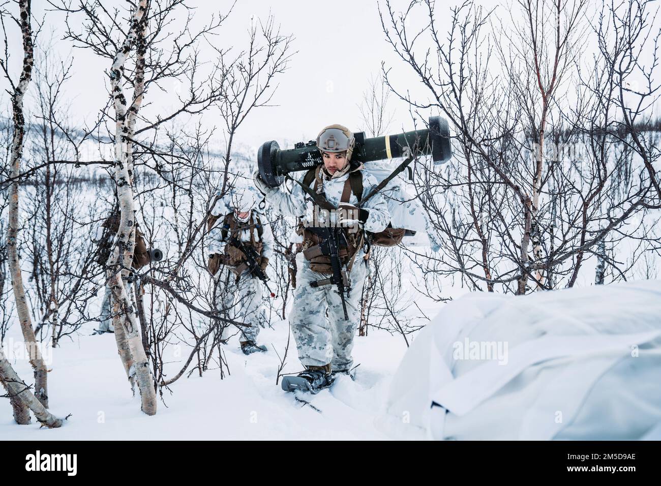 NEGLI STATI UNITI Marine with Jaeger (Hunter) Concept Plotoon, 3rd Battaglione, 6th Marine Regiment, 2nd Marine Division, trasporta un FGM-148 Javelin in una posizione di nascondiglio prima dell'esercizio Cold Response 22 a Setermoen, Norvegia, 3 marzo 2022. Esercizio Cold Response 22 è un esercizio biennale di preparazione nazionale e difesa che si svolge in tutta la Norvegia, con la partecipazione di ciascuno dei suoi servizi militari, tra cui 26 nazioni alleate della NATO (North Atlantic Treaty Organization) e partner regionali. Foto Stock