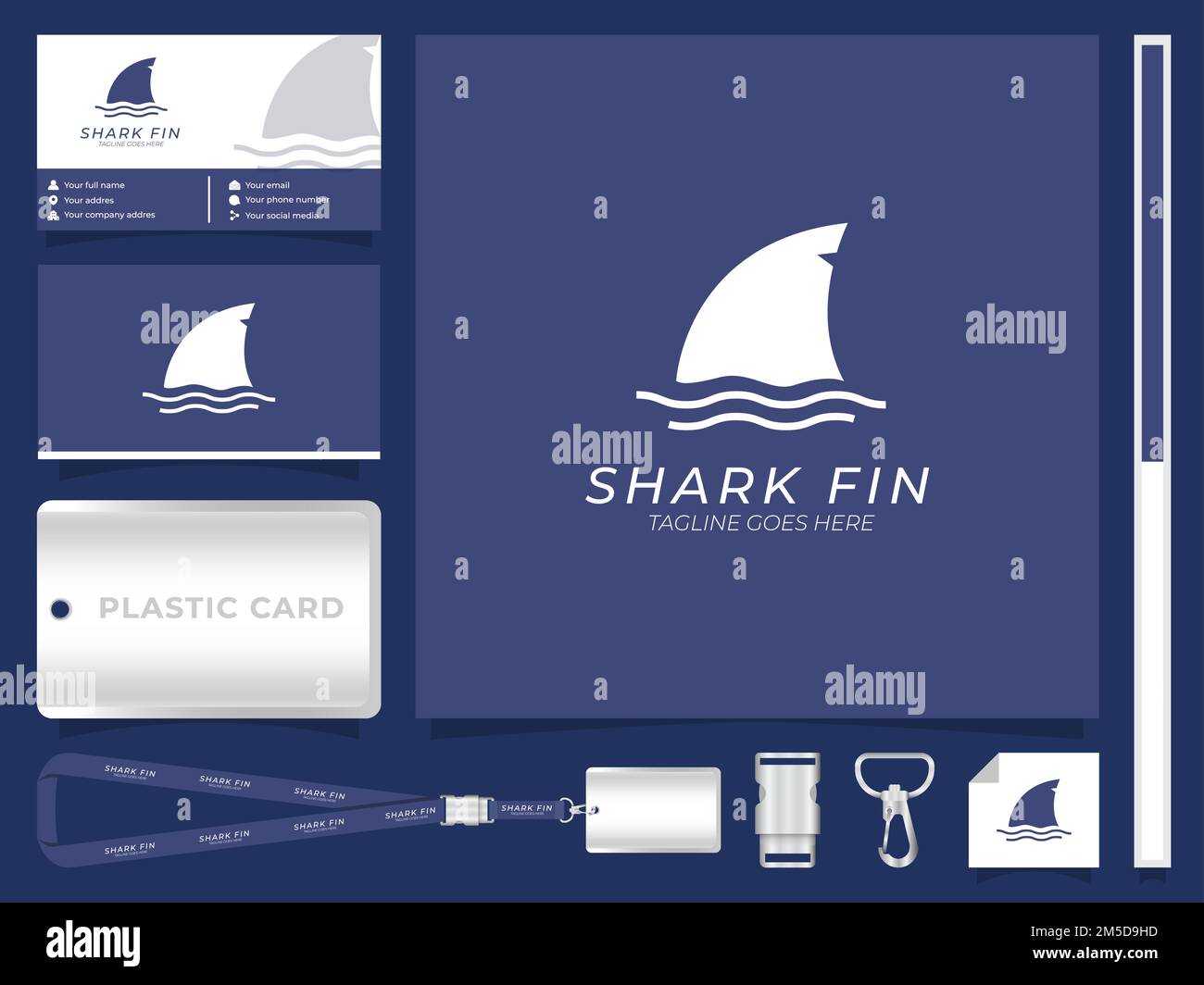 Illustrazione vettoriale del logo del monogramma Shark fin sul modello di cancelleria aziendale Illustrazione Vettoriale