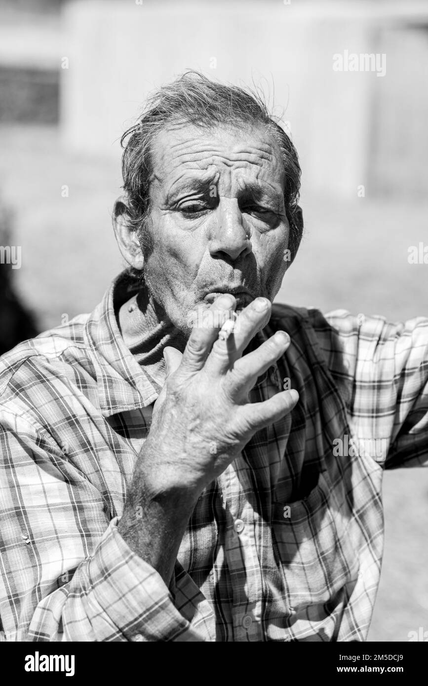 Ritratto di Pedro, pastore in pensione al giorno della trebbiatura, dia de la trilla all'Ecomuseo a San Jose de Los Llanos, El Tanque, Tenerife, Canarie Foto Stock