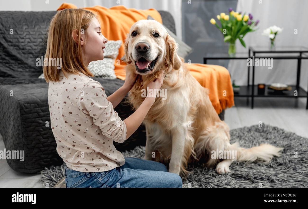 Bambina di pre-teen con cane di recupero d'oro Foto Stock