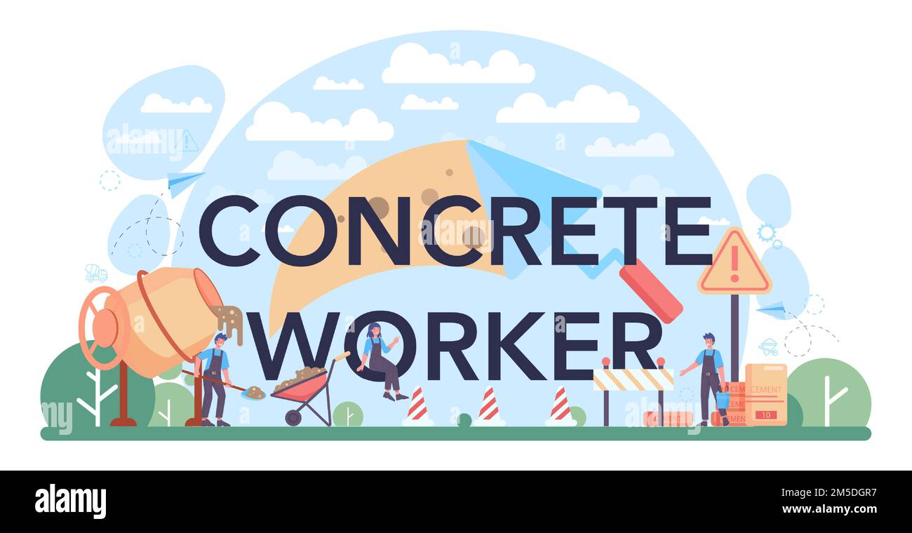 Testata tipografica per lavoratori in cemento. Costruttore professionale che prepara calcestruzzo con utensili e cemento. Processo di costruzione di case e di fondazioni Illustrazione Vettoriale