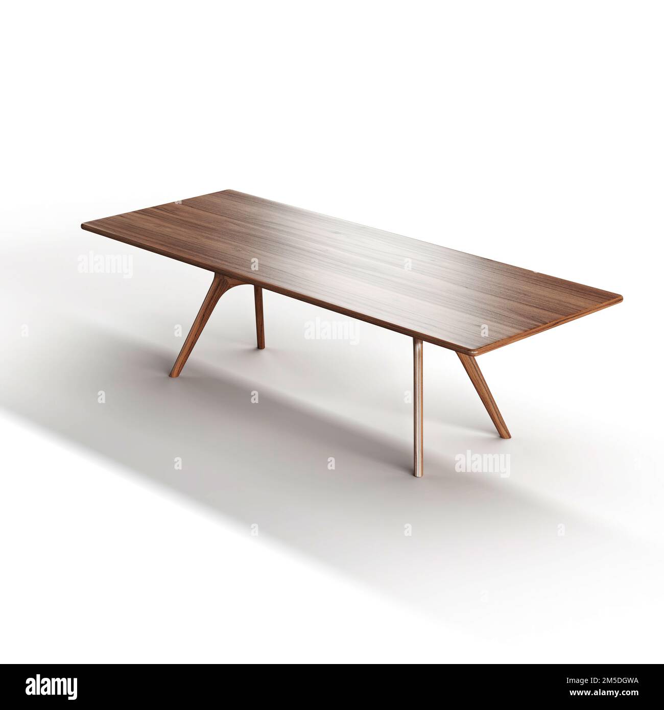 Un'illustrazione del 3D di un moderno tavolo di legno lucido isolato su uno sfondo bianco Foto Stock