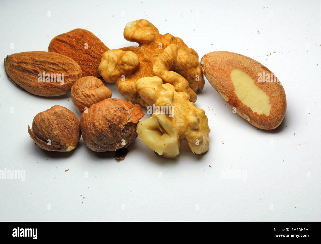 Noci varie, Brasile, nocciola, noci e mandorle. Primo piano su sfondo bianco. Foto Stock