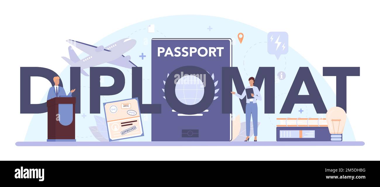 Intestazione tipografica Diplomat. Idea di relazioni internazionali e di governo. Rappresentanza del paese in tutto il mondo. Processo negoziale, evento diplomatico. Illustrazione Vettoriale