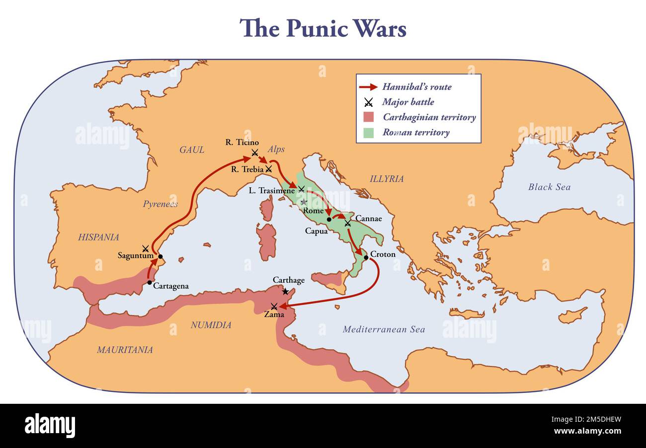 Mappa dei territori controllati da Roma e Cartagine durante le guerre puniche Foto Stock