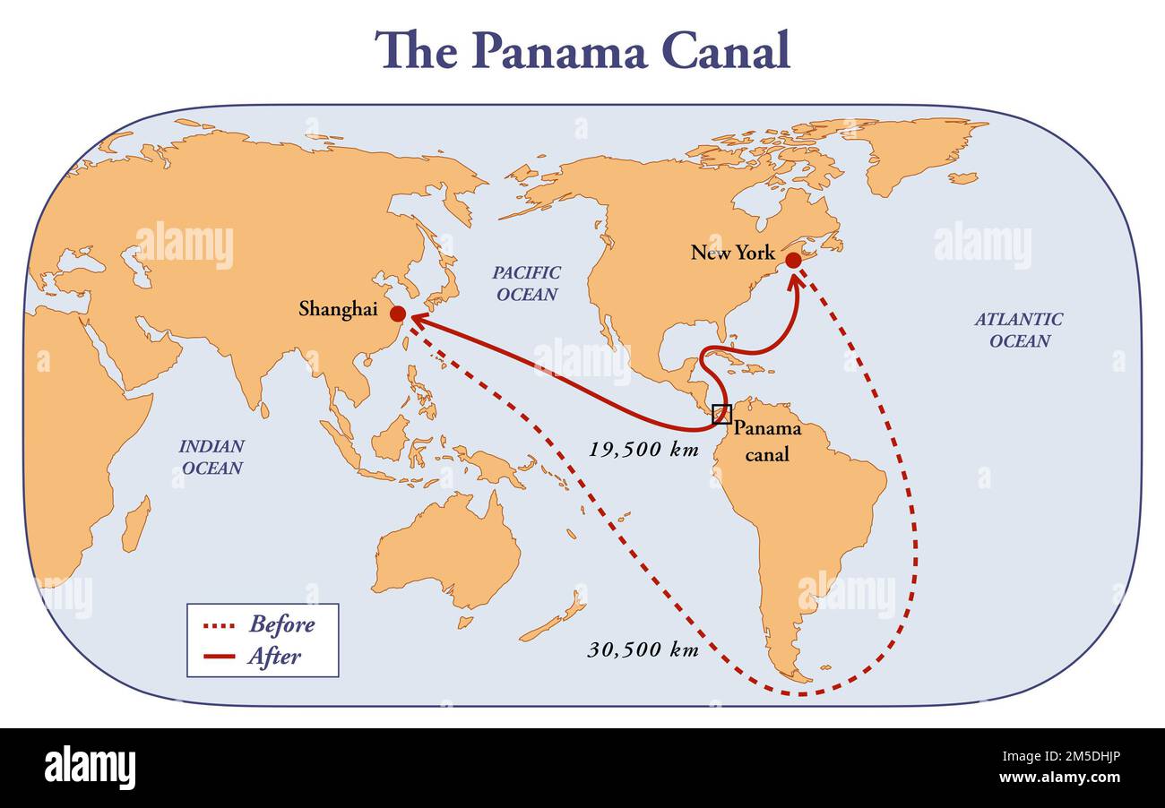 Il canale di Panama e la distanza benefici per le rotte di navigazione Foto Stock