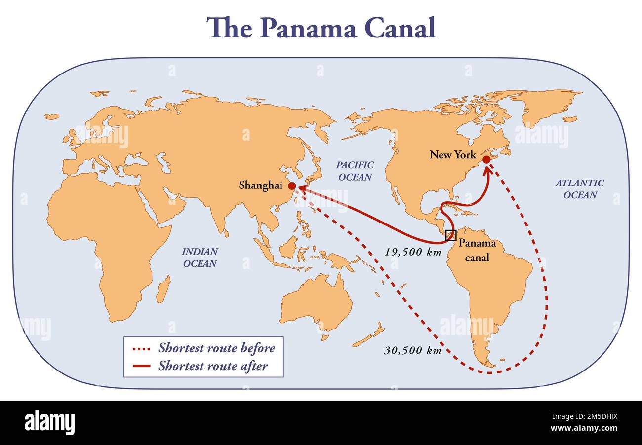 Il canale di Panama e la distanza benefici per le rotte di navigazione Foto Stock