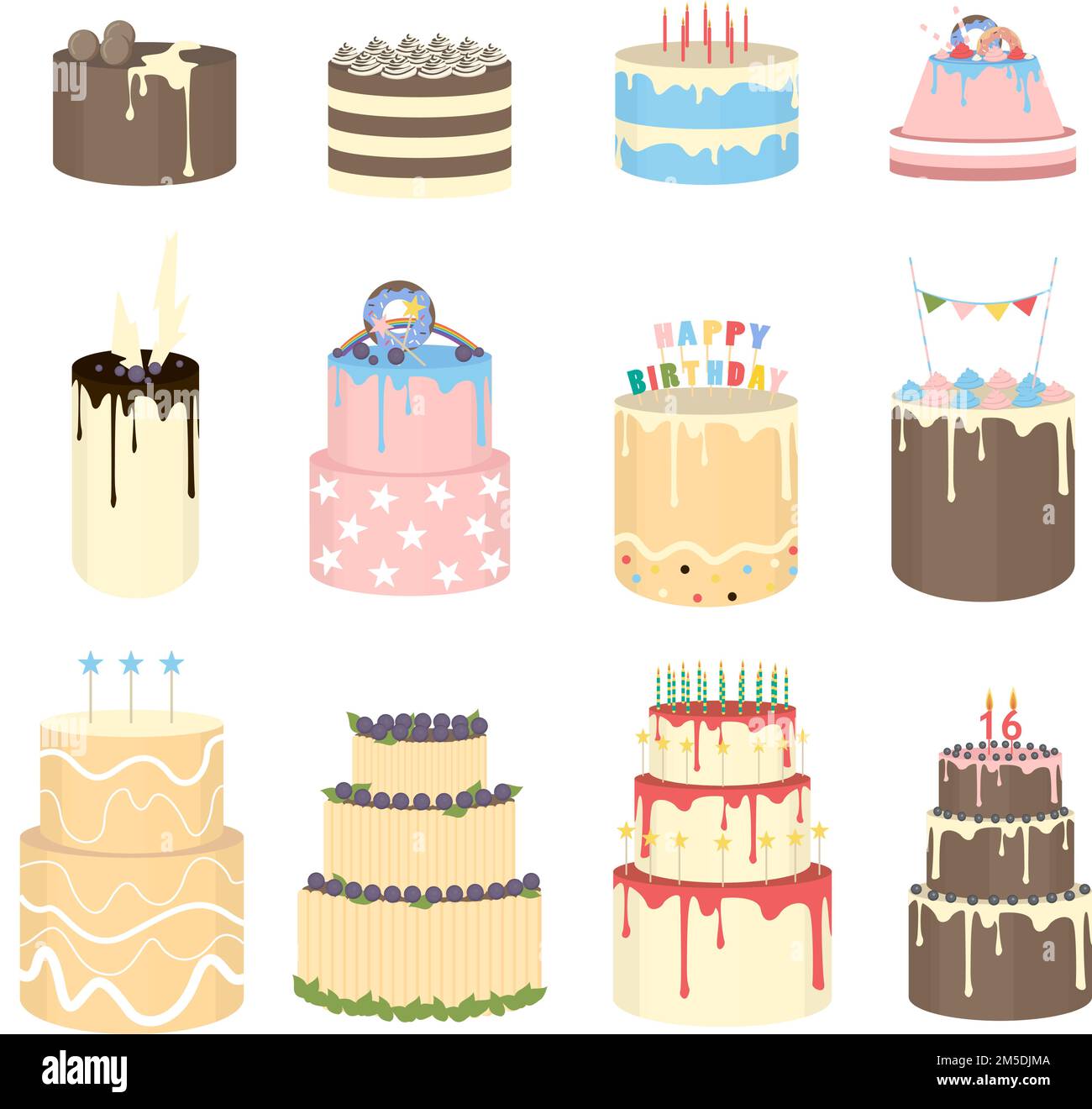 Set di torte colorate. Pasticceria diversa per le vacanze. Illustrazione Vettoriale