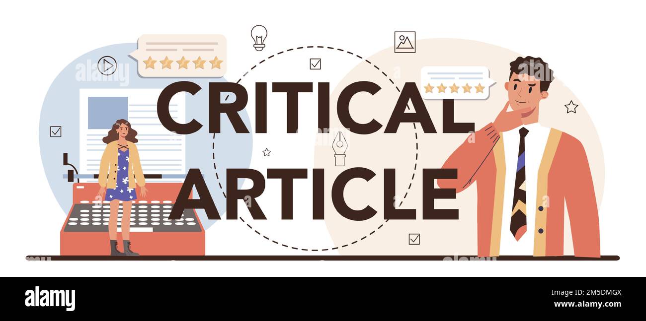 Intestazione tipografica dell'articolo critico. Giornalista che fa revisione e classifica cibo o arte Specialista che esprime un parere sulle opere creative. Vettore piatto ill Illustrazione Vettoriale