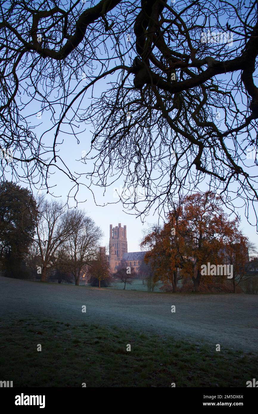 Cattedrale di Ely in una fredda mattinata gelida, Ely, Cambridgeshire, Inghilterra, 2022 dicembre Foto Stock