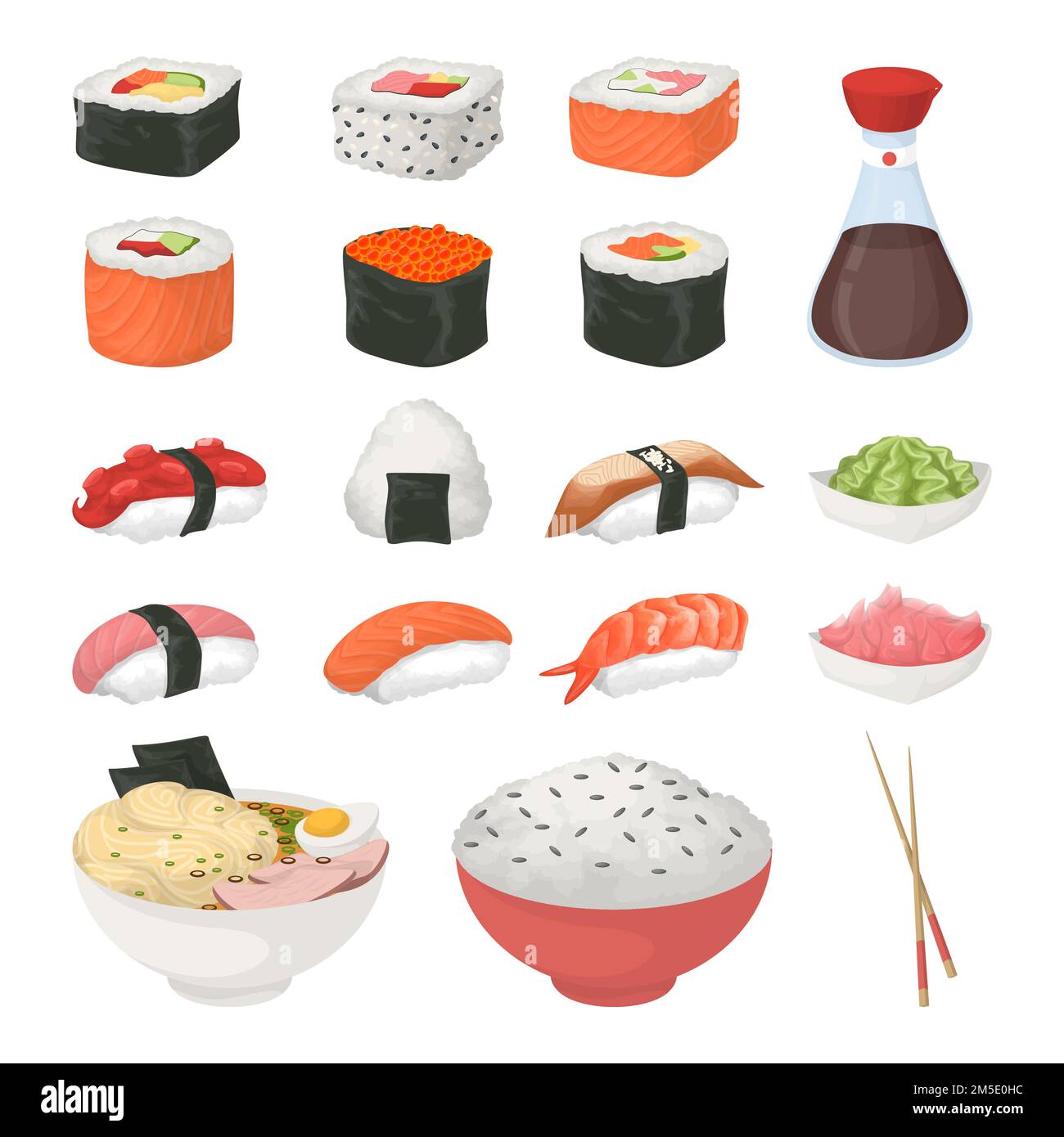 Sushi impostato su sfondo bianco. Panini e sushi, sashimi e zuppa. Souce di soia. Illustrazione Vettoriale