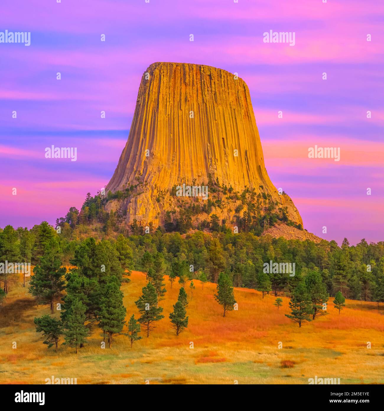 Sunset over Devils Tower presso devils tower National Monument vicino a hulett, wyoming Foto Stock