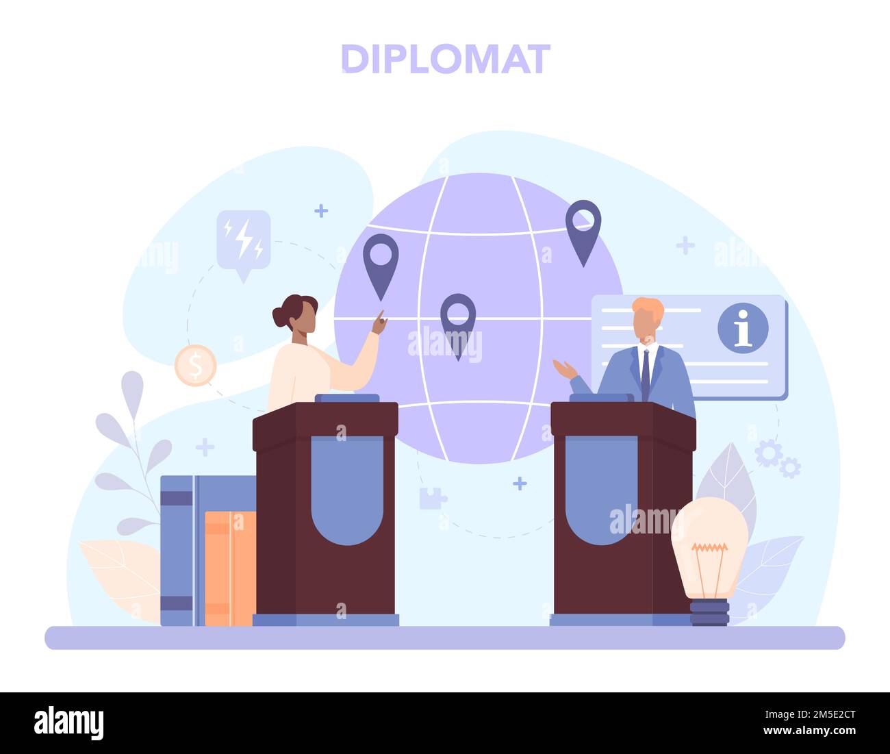 Professione diplomatica. Idea di relazioni internazionali e di governo. Rappresentanza del paese in tutto il mondo. Processo negoziale, evento diplomatico. Isolato Illustrazione Vettoriale