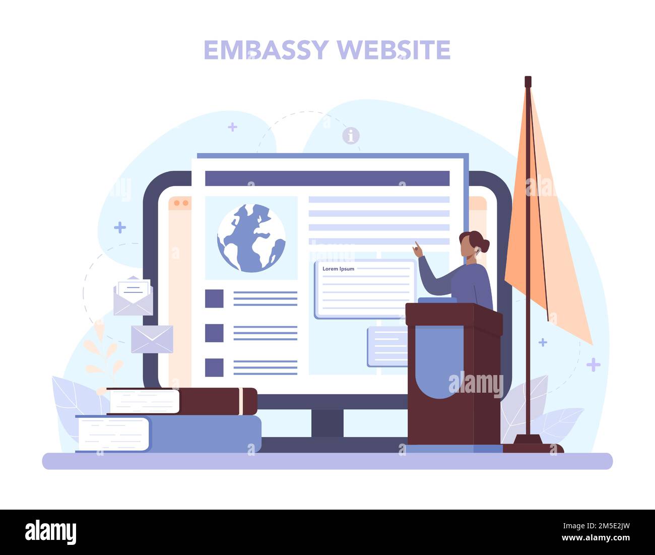 Piattaforma o servizio online Diplomat. Idea di relazioni internazionali e di governo. Rappresentanza del paese in tutto il mondo. Embassy sito web. vecto isolato Illustrazione Vettoriale