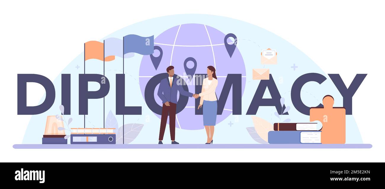 Intestazione tipografica della diplomazia. Idea di relazioni internazionali e di governo. Rappresentanza del paese in tutto il mondo. Processo negoziale, evento diplomatico. Illustrazione Vettoriale