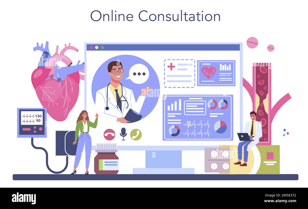 Servizio o piattaforma online per cardiologi. Idea di cardiologia e cardiologia diagnostica. e trattamento del sistema circolatorio. Consultazione online. Vec. Piatto Illustrazione Vettoriale