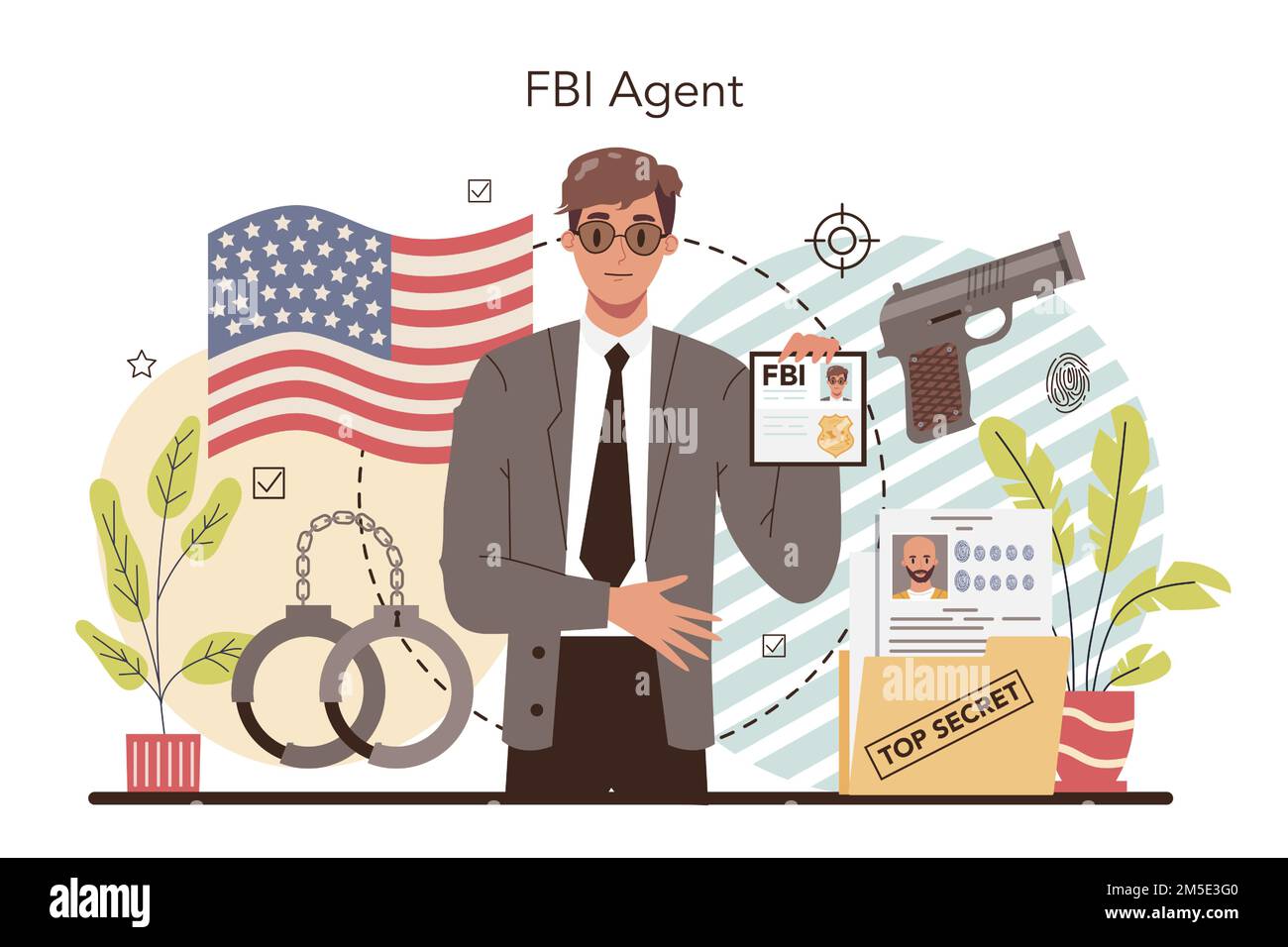 Concetto di agente FBI. Ufficiale di polizia o ispettore che indaga sulla criminalità. Protezione dello spionaggio, degli attacchi informatici e del terrorismo. Illustrat. Vettore piatto isolato Illustrazione Vettoriale