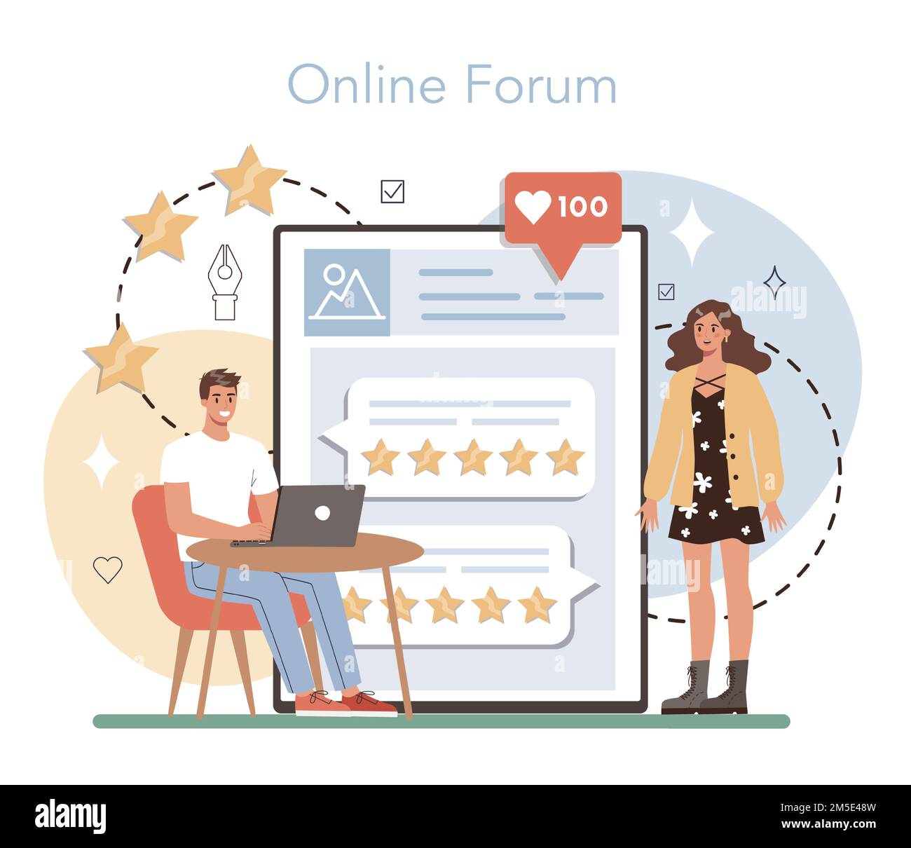 Piattaforma o servizio online critico professionale. Giornalista che fa revisione e classifica cibo o arte Opinione delle opere creative. Forum online. Vettore piatto Illustrazione Vettoriale