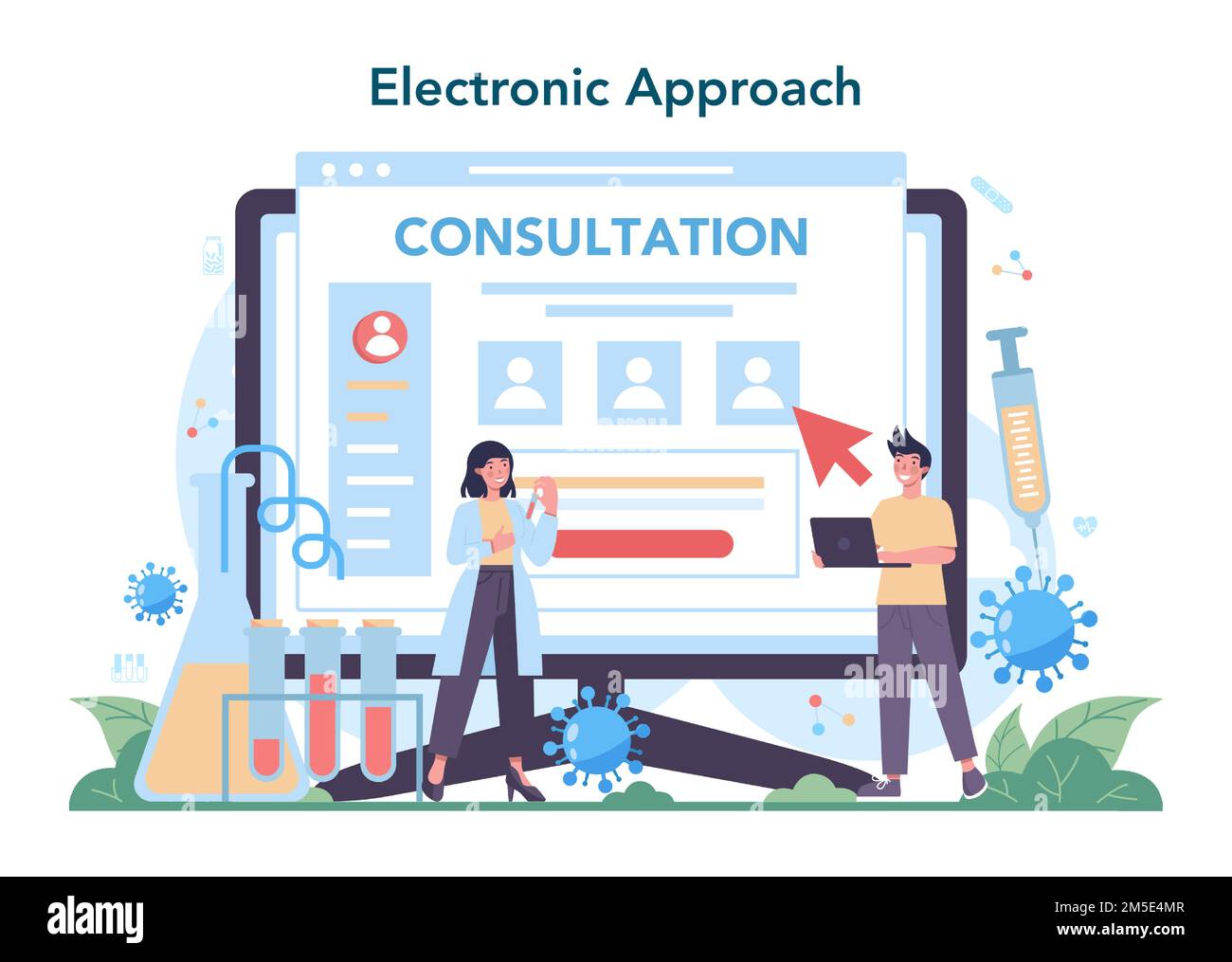 Servizio medico online o piattaforma. Sanità, medicina moderna trattamento, analisi e diagnosi. Approccio online. Illustrazione del vettore isolato Illustrazione Vettoriale