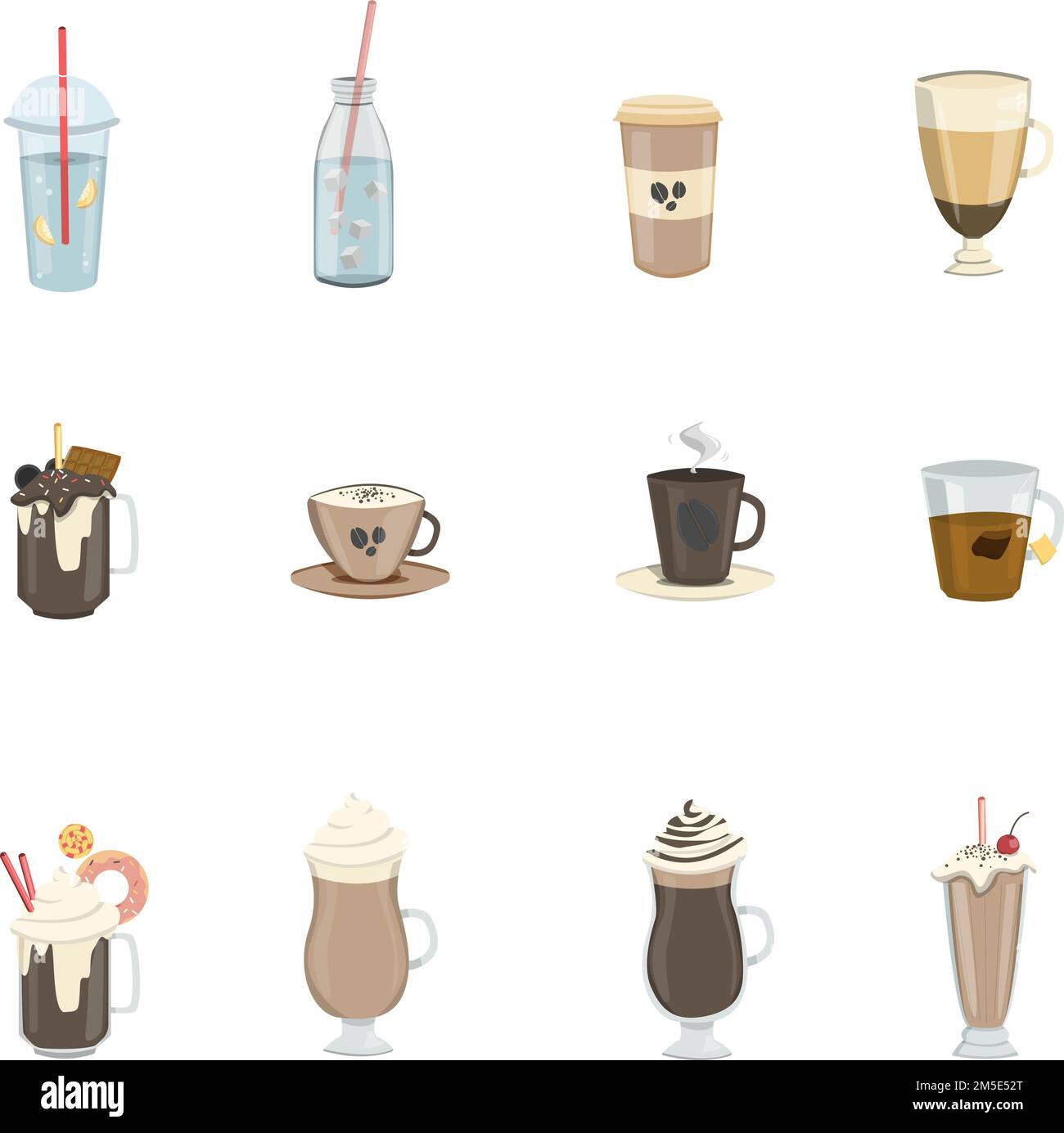Set di bevande diverse. Limonata e tè, tutti i tipi di caffè. Illustrazione Vettoriale