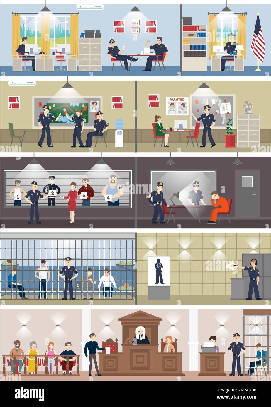 Stazione di polizia interno con camere. Sala ufficio, sala interviste, cella di prigione e banco ricevimento. Illustrazione Vettoriale