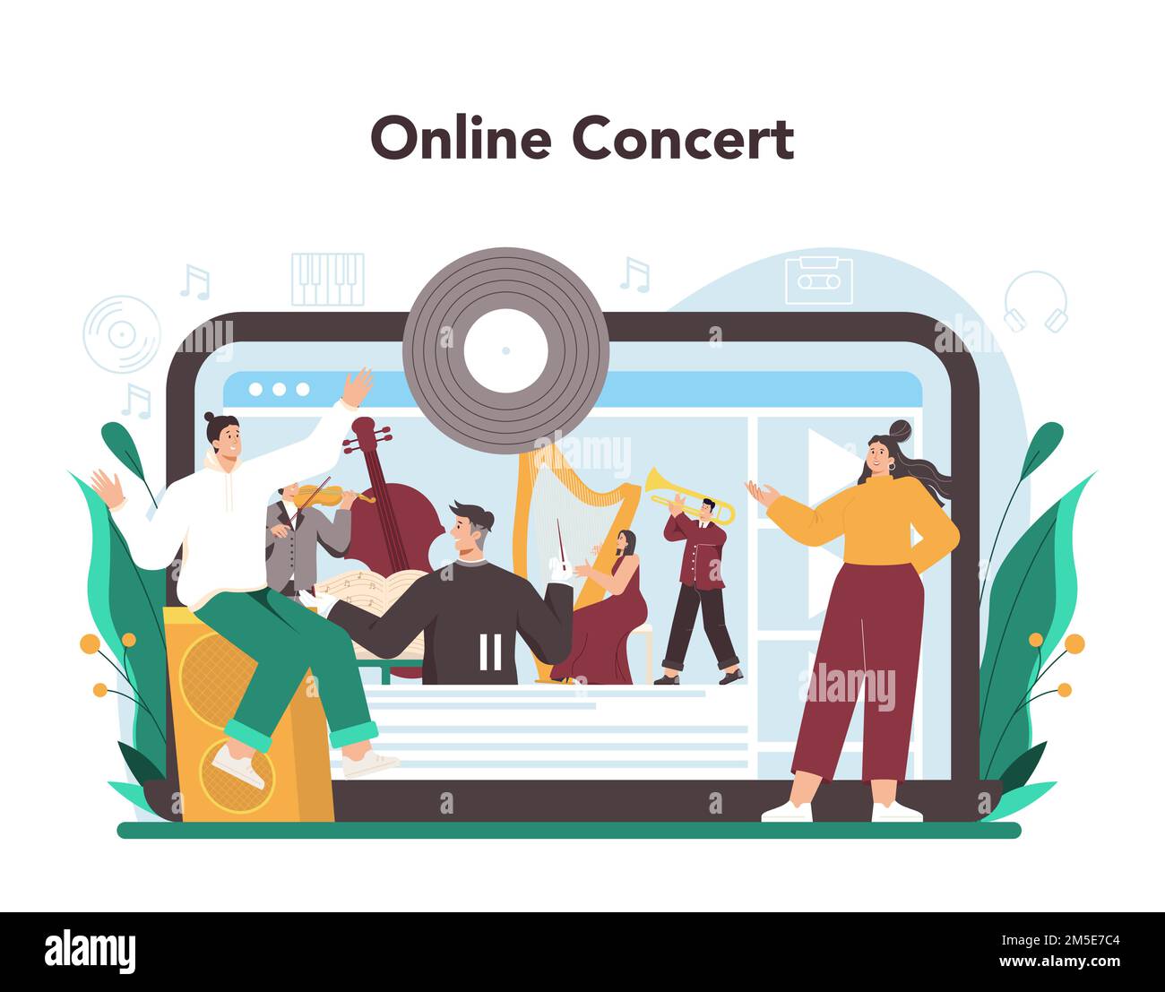 Musicista professionista che suona strumenti musicali on-line servizio o piattaforma. Esibizione di musicisti di talento. Concerto online. Illustrazione piatta vettoriale Illustrazione Vettoriale