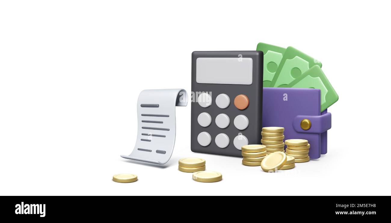3D portafoglio calcolatrice con carta moneta e fattura con pila di monete d'oro. Concetto di calcolo contabile e finanziario. Gestione del denaro e risparmio. VEC Illustrazione Vettoriale