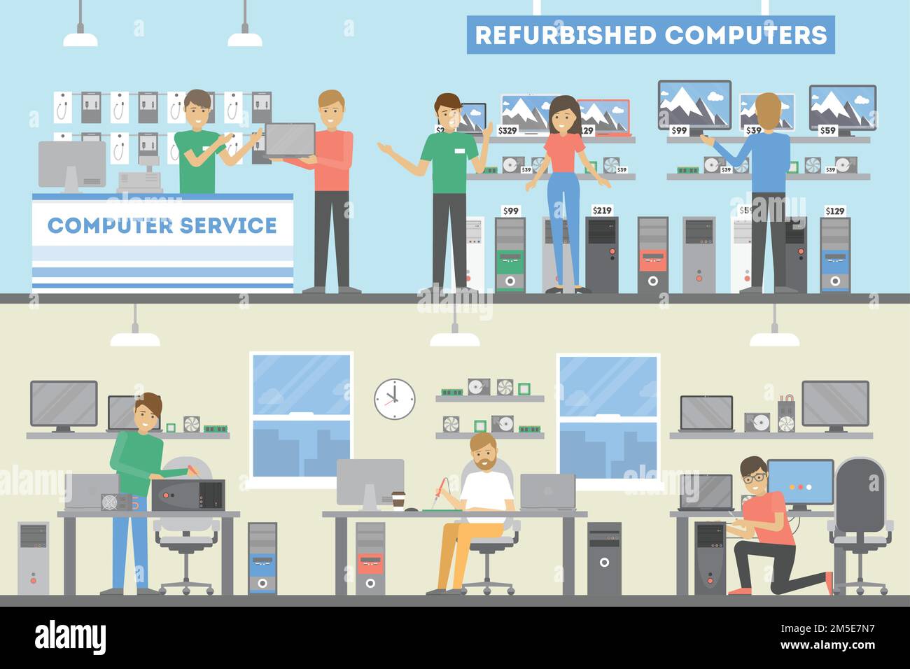 Servizio di riparazione del computer. La gente ripara l'hardware rotto. Illustrazione Vettoriale