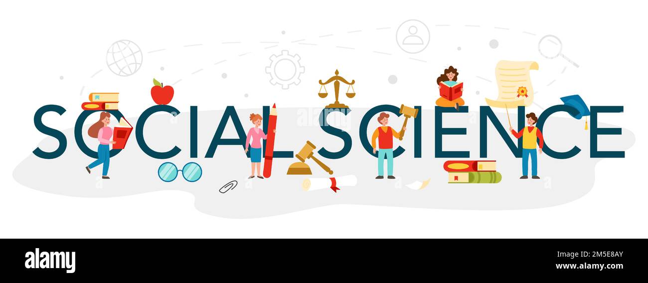 Intestazione tipografica delle scienze sociali. Studenti che studiano società, modello di relazione sociale, interazione sociale e cultura. Vettore piatto illustrati Illustrazione Vettoriale