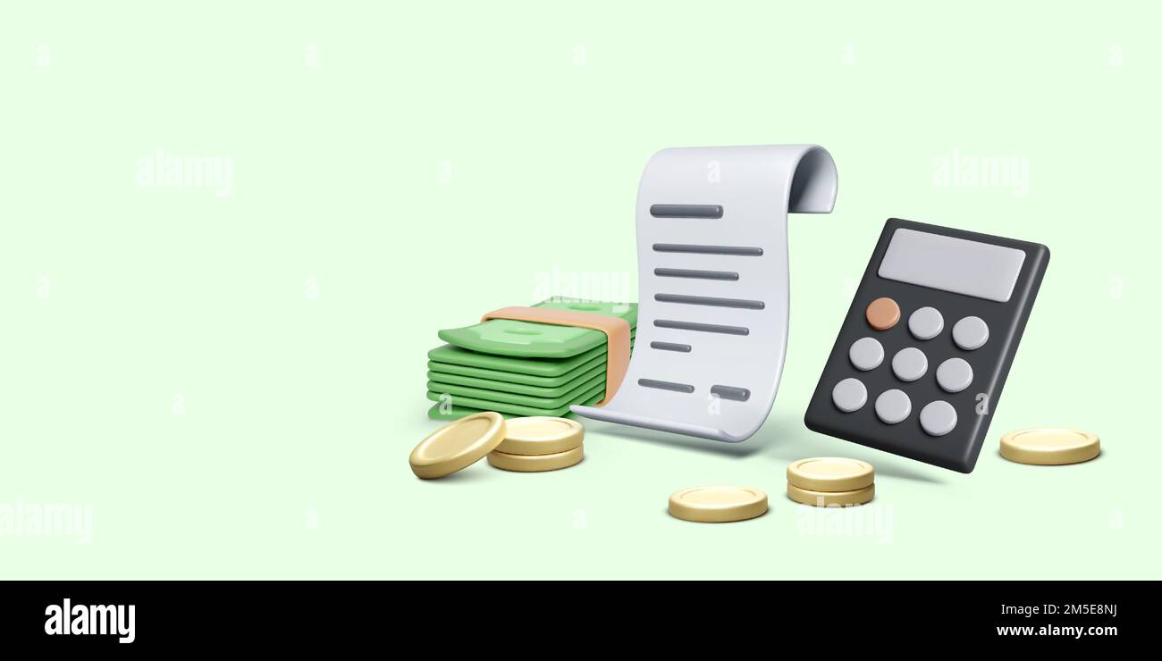 Calcolatrice con conto finanziario monete d'oro e wad di dollari verdi. Gestione finanziaria o concetto di risparmio. Banner aziendale. Rapporto di illustrazione del vettore Illustrazione Vettoriale