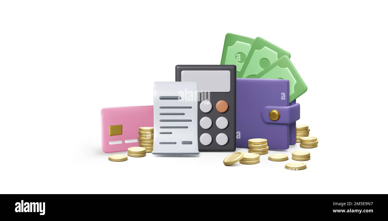 Calcolatrice 3D portafoglio con carta di valuta e carta di credito, bolletta finanziaria e pile di monete. Risparmio di denaro e gestione delle spese finanziarie. Deposito bancario ac Illustrazione Vettoriale