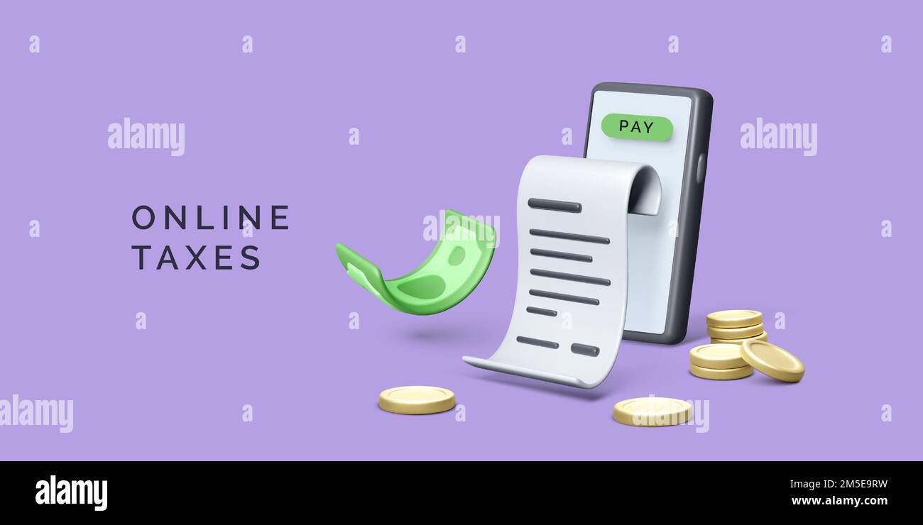 Smartphone con dollaro verde, monete e bolletta finanziaria. Concetto di tasse online. Banner aziendale per servizi o app di e-commerce. Illustrazione vettoriale in re Illustrazione Vettoriale