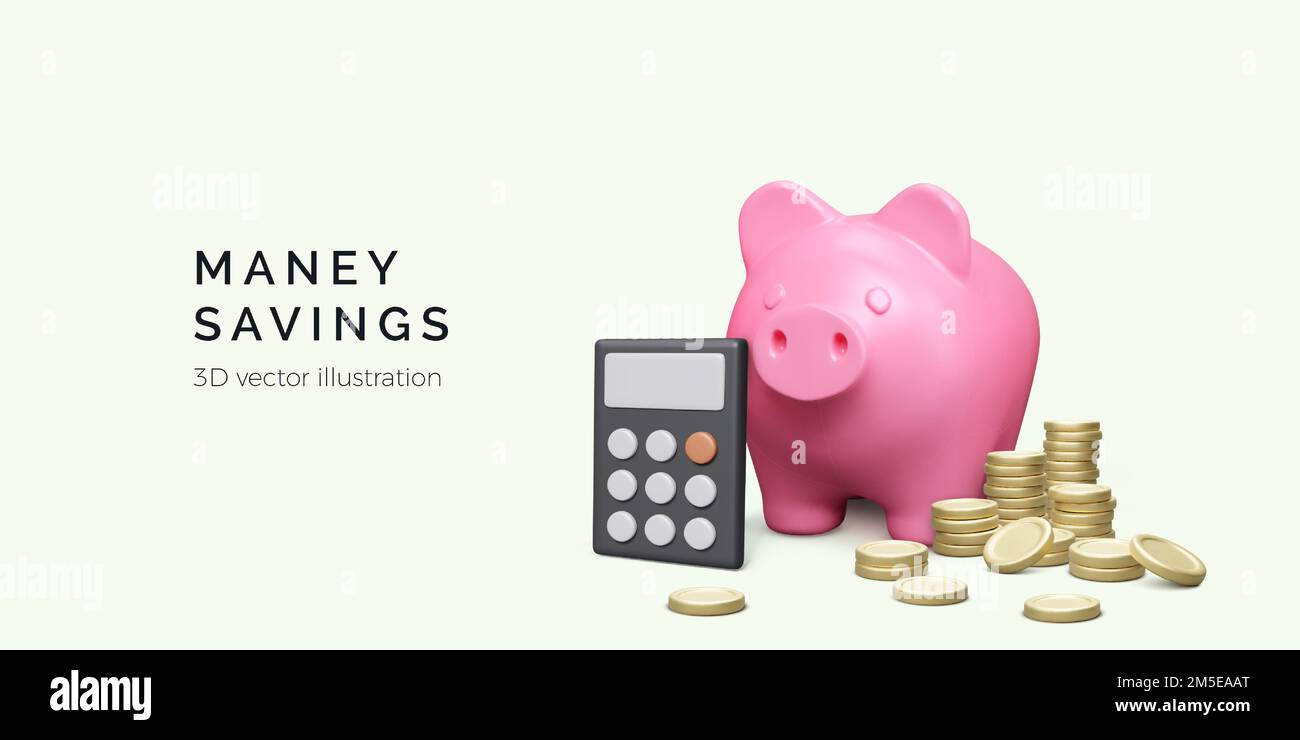 Calcolatrice maialino e pila di monete d'oro in 3D realistico stile cartone animato. Concetto di risparmio di denaro. Banner di gestione finanziaria. Illustrazione vettoriale Illustrazione Vettoriale