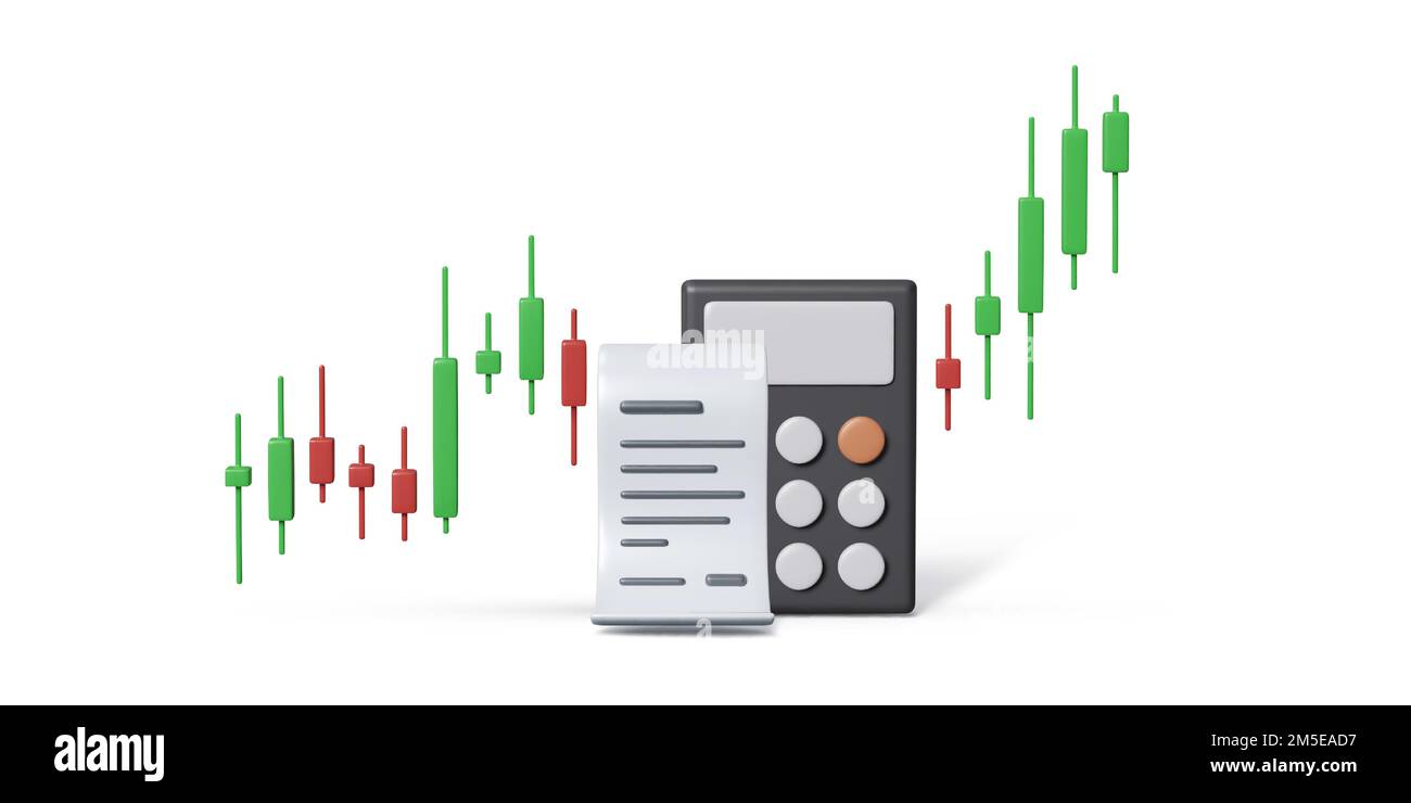 Concetto di borsa valori con grafico dati calcolatrice e ricevuta cartacea. Dati finanziari per il successo commerciale. Illustrazione vettoriale isolata su bianco Illustrazione Vettoriale
