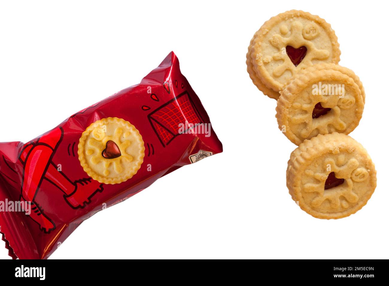 Jammie Dodgers minis snack al sapore di lampone che mostra il contenuto impostato su sfondo bianco - biscotto biscotti cookie cookie Foto Stock