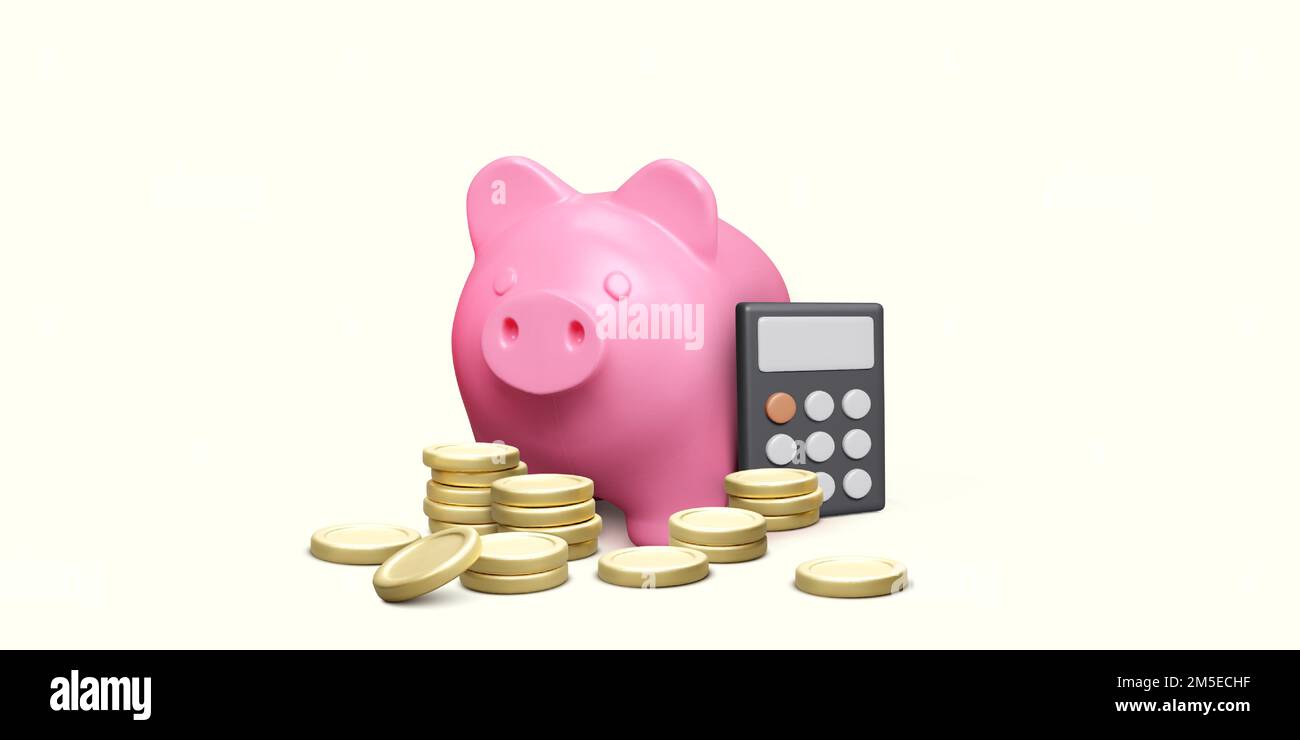 Piggy bank con calcolatrice e pile di monete d'oro. Risparmio di denaro e gestione delle spese finanziarie. Imposta sul reddito o concetto di conto bancario di deposito. Vettore Illustrazione Vettoriale