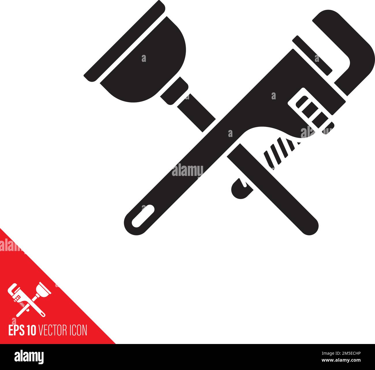 Icona della linea vettoriale incrociata tra stantuffo e chiave a tubo. Strumenti idraulici simbolo di contorno. Illustrazione Vettoriale