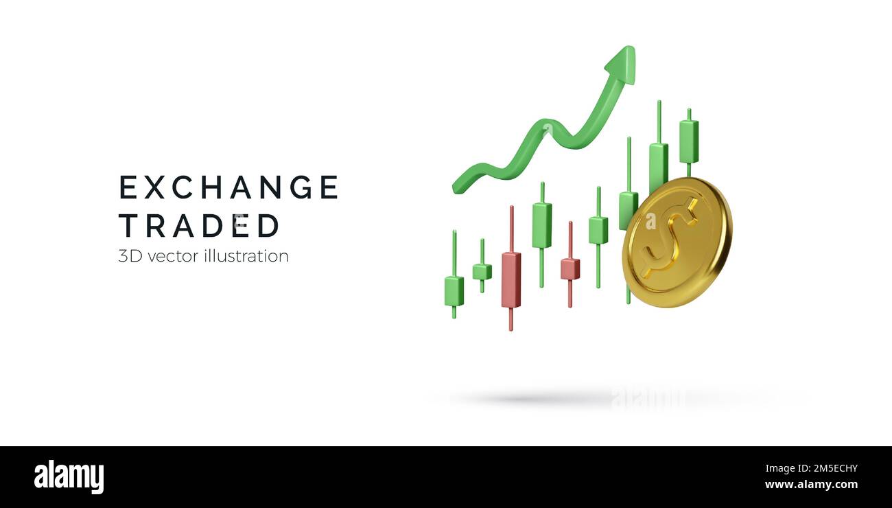 Grafico a lume di candela con 3D freccia in alto e moneta d'oro. Commercio di borsa. Banner aziendale per app mobile o piattaforma di trading online. Illustrazione vettoriale Illustrazione Vettoriale