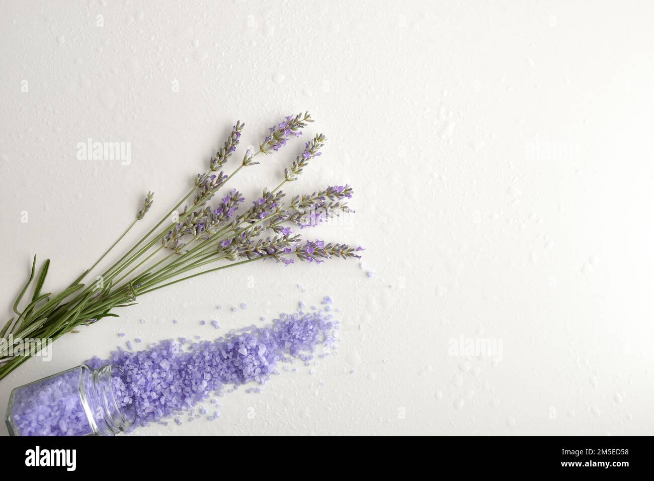 Fondo con prodotti per doccia con estratto di lavanda con elementi per l'igiene personale su tavola bianca. Vista dall'alto. Composizione orizzontale. Foto Stock