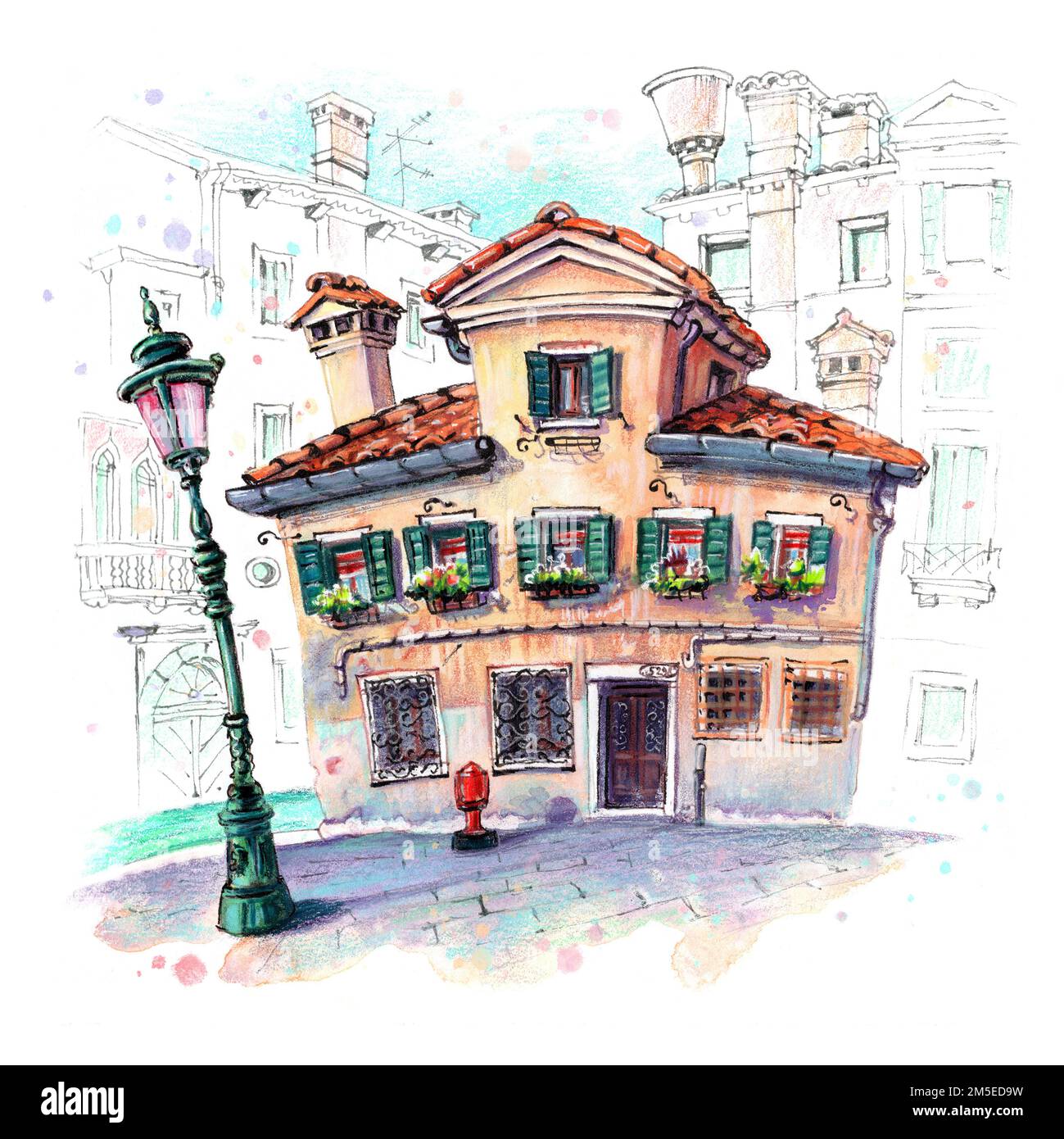 Acquerello di una tipica casa veneziana nel quartiere di Castello, Venezia, Italia. Foto Stock