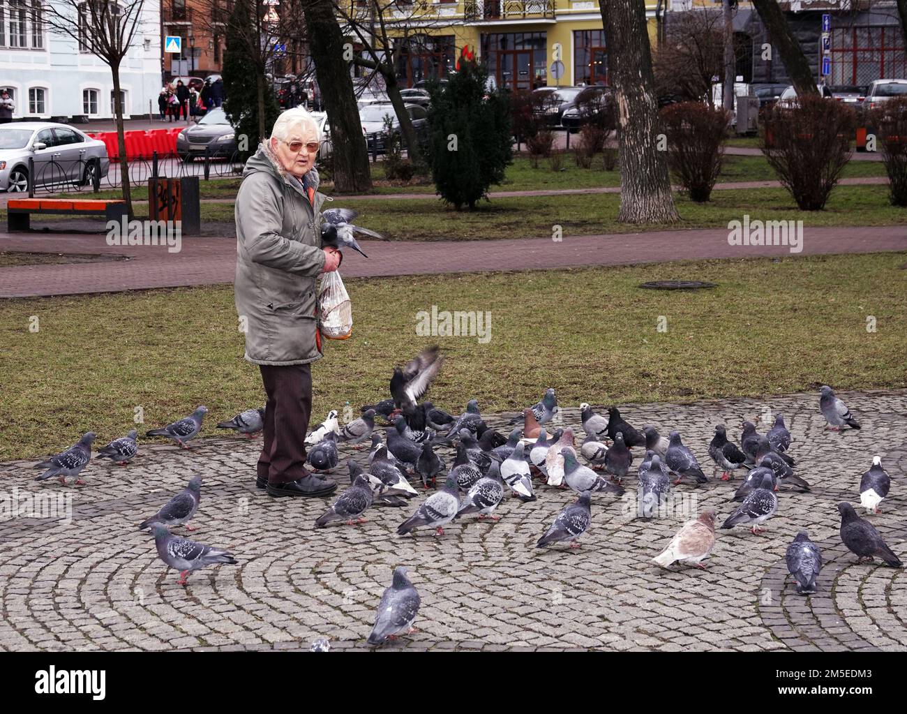 Kiev, Ucraina 31 gennaio 2020: Un anziano nutre piccioni su Piazza Kontraktova, quartiere Podil di Kiev Foto Stock