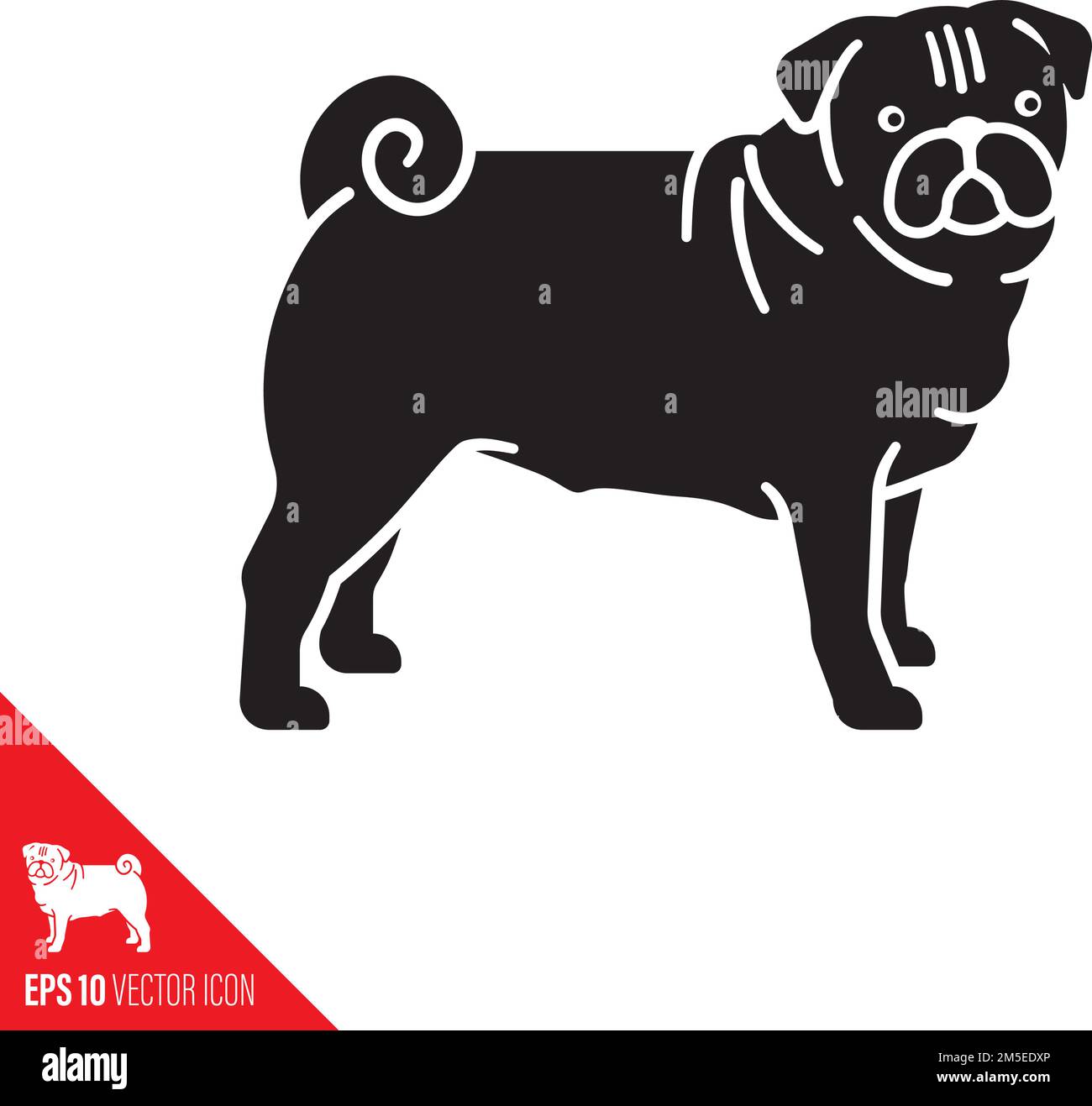Icona del glifo del vettore PUG. Carino cane purerosso simbolo. Illustrazione Vettoriale