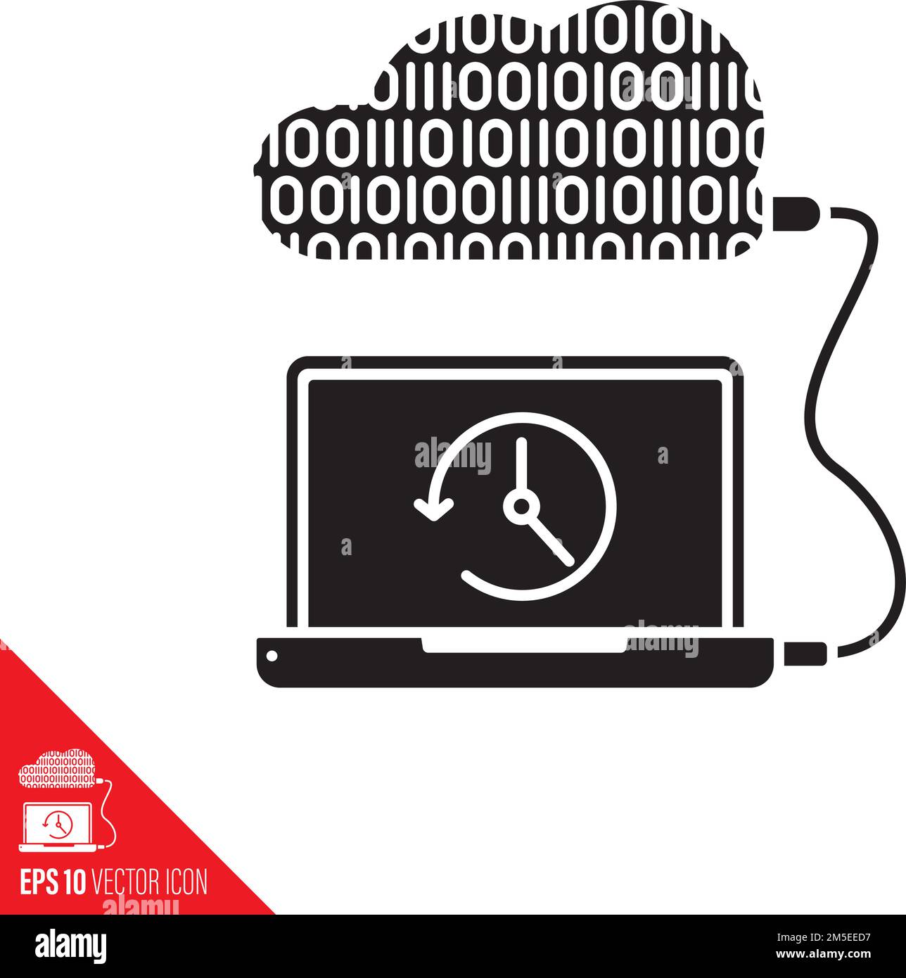 Backup su cloud tramite cavo dall'icona della linea vettoriale del computer portatile. Simbolo del profilo di sicurezza dei dati. Illustrazione Vettoriale