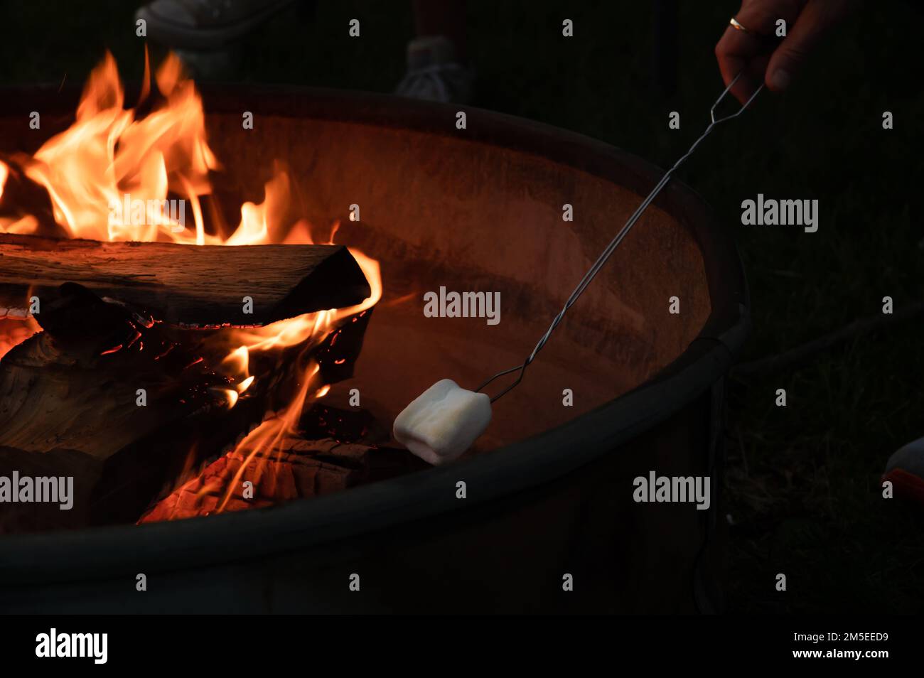 Arrostire una marshmallow su un fuoco di notte Foto Stock