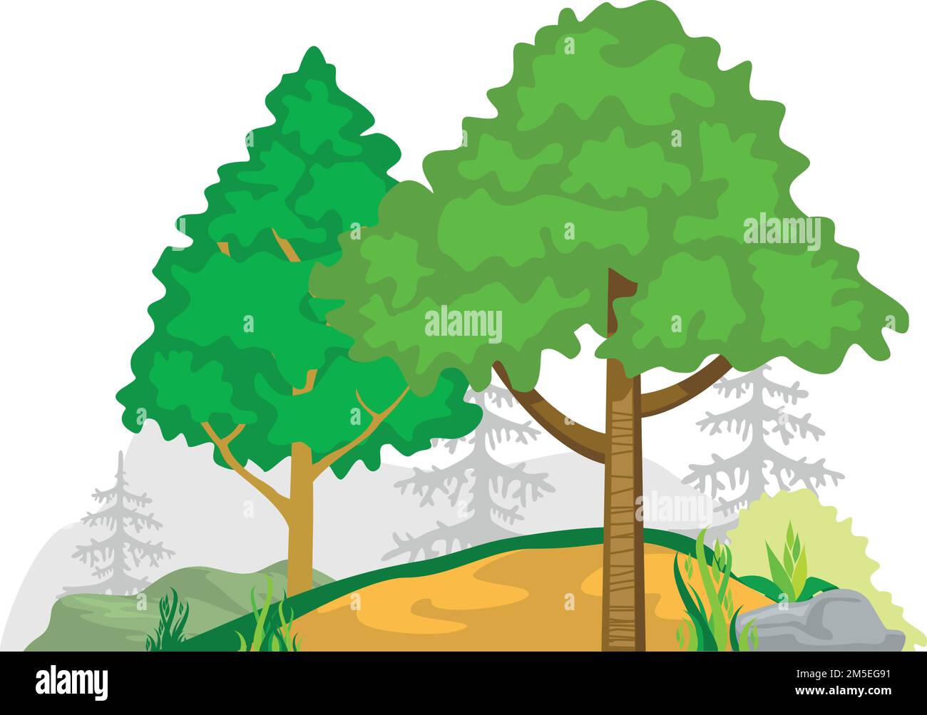 Paesaggio boschivo montano con alberi verdi in collina Illustrazione Vettoriale