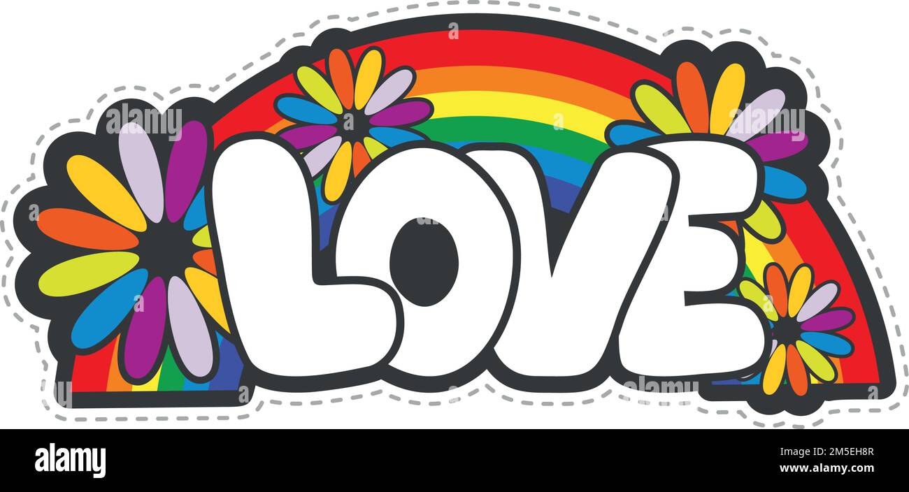 Adesivo amore con arcobaleno e fiori. Patch hippie brillante Illustrazione Vettoriale