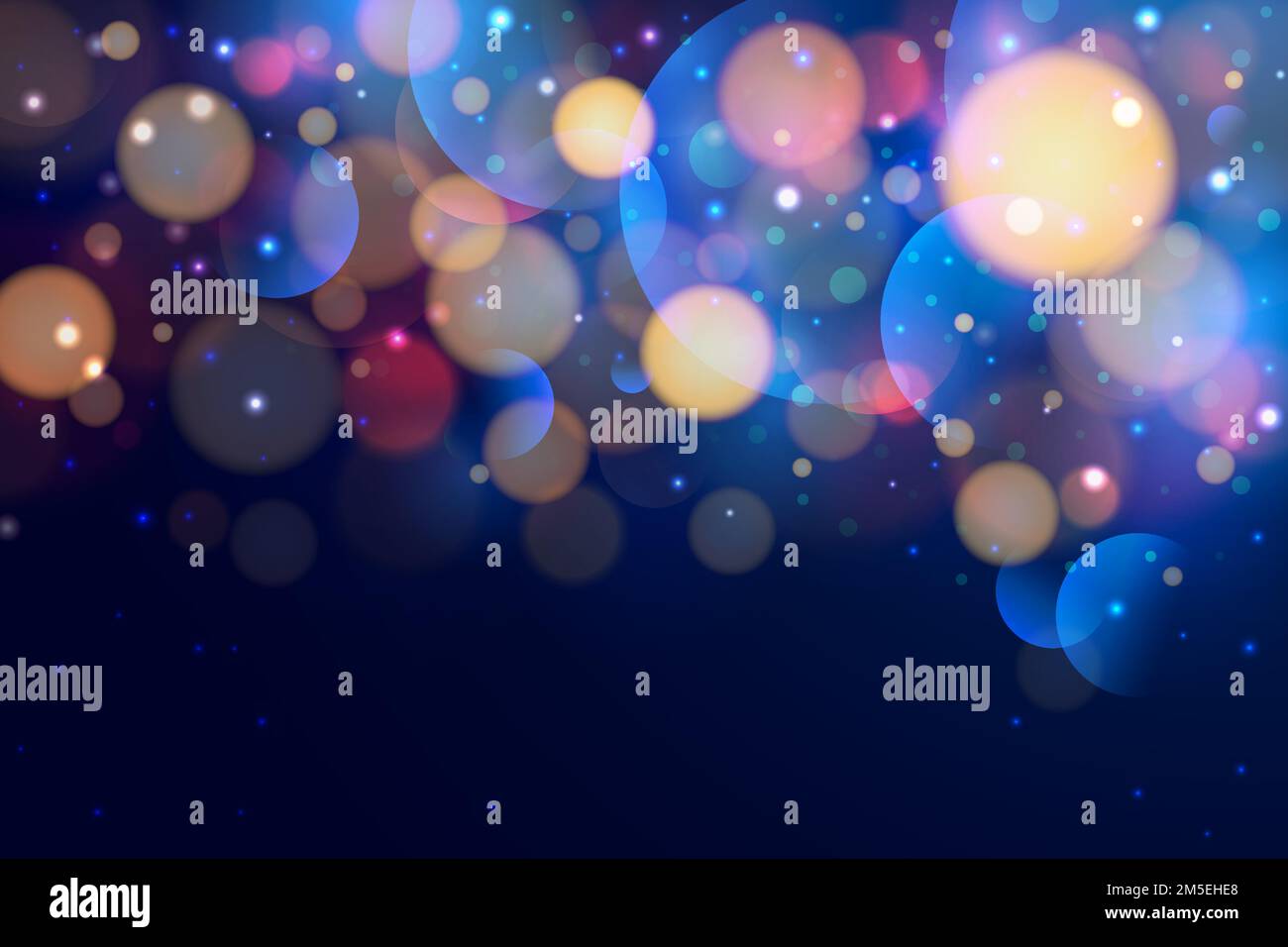 Luce bokeh colorata sfocata su sfondo blu scuro. Sfondo vettoriale di lusso con bokeh dorato, rosa e blu. Scintille dorate che cadono, brillantini in polvere Illustrazione Vettoriale